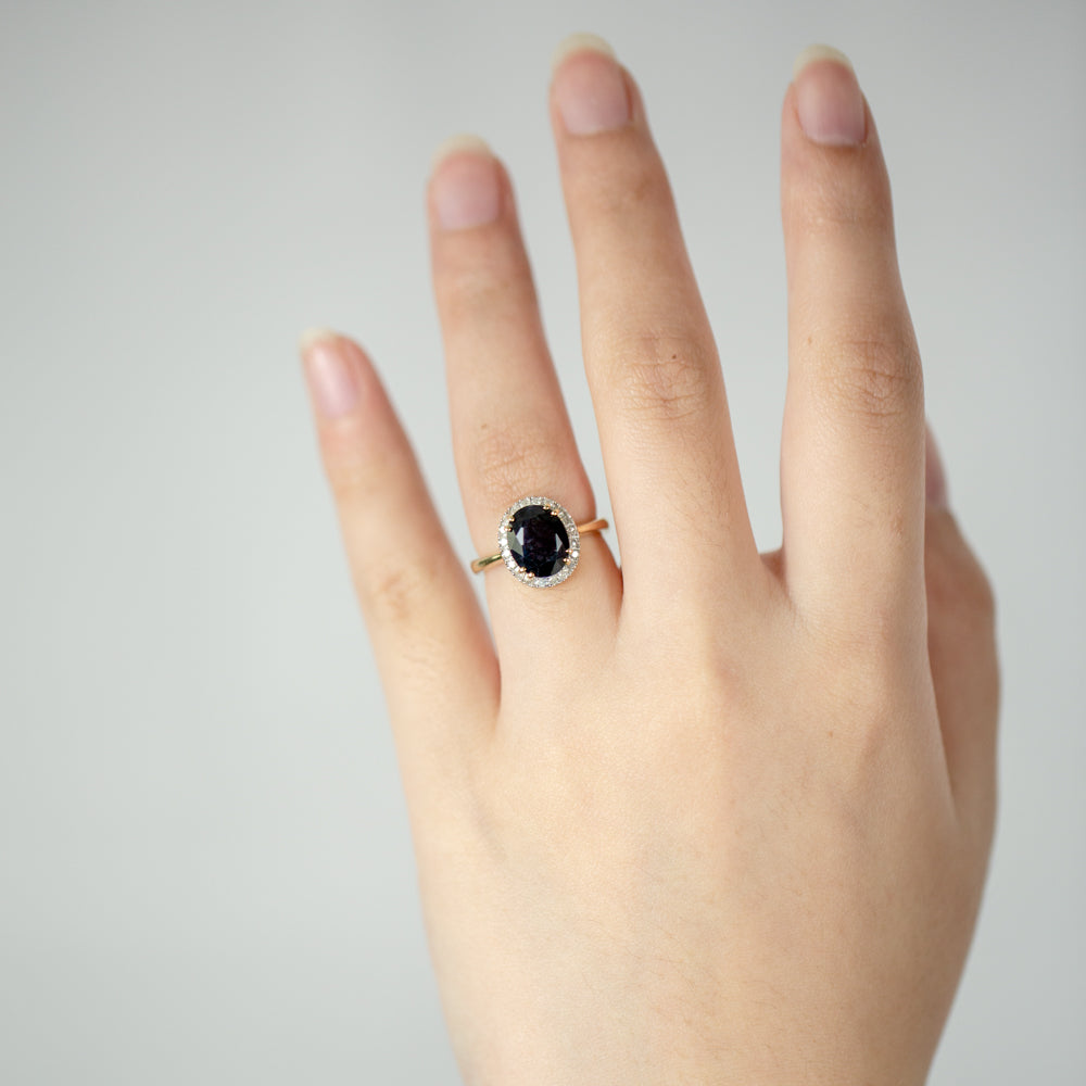 9ct Yellow Gold Ring with 8X10mm Oval Cut Natural Sapphire and Diamonds