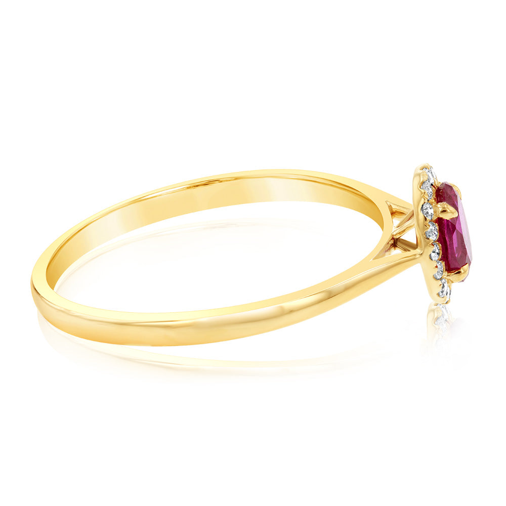 Stunning 9ct Yellow Gold Oval Lab-Created Ruby and Diamond Halo Engagement Ring