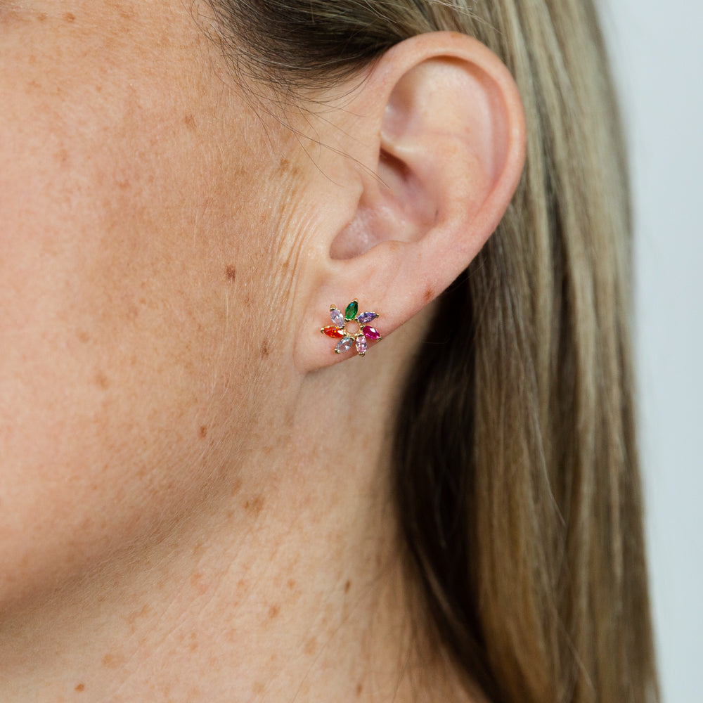9ct Yellow Gold Stud Earrings Featuring Multi - Colored Gemstone Flowers