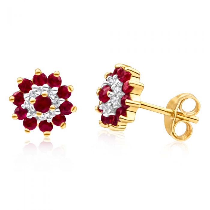Stunning 9 Carat Yellow Gold Stud Earrings Featuring Natural Rubies and Diamonds in a Beautiful Flower Cluster Design