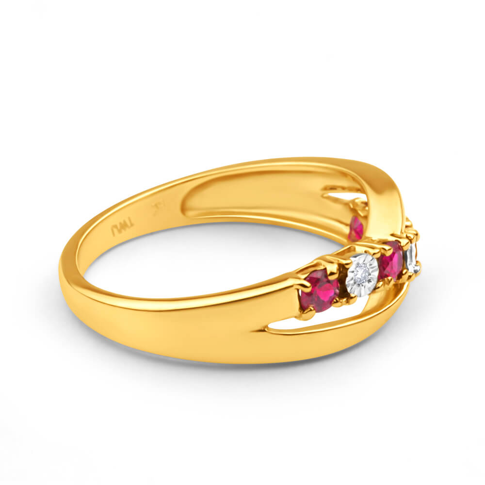 Stunning 9 Carat Yellow Gold Ring Featuring 4 Lab - Created Rubies and 3 Diamonds