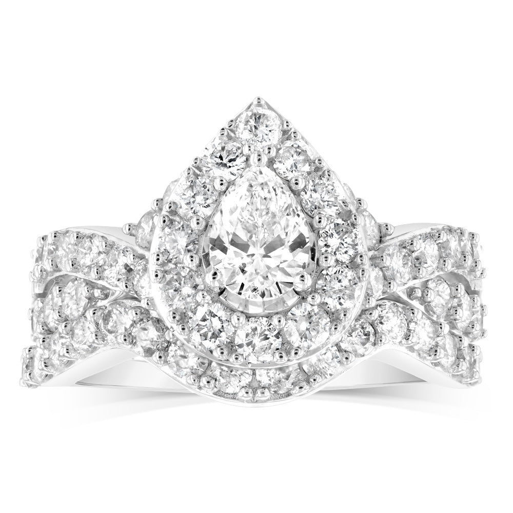 Exquisite 14ct White Gold 1.95 Carat Diamond Bridal Two - Ring Set Featuring a Pear - Shaped Centre Diamond Encircled by a Brilliant - Cut Diamond Halo