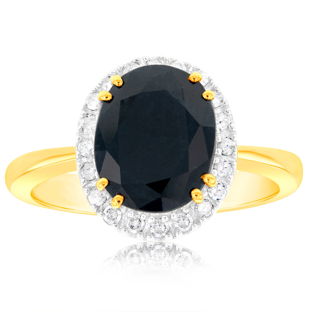 9ct Yellow Gold Ring with 8X10mm Oval Cut Natural Sapphire and Diamonds