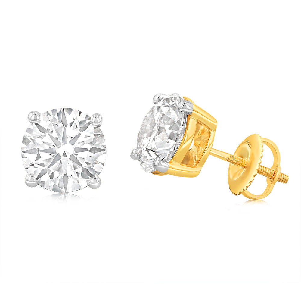 14ct Yellow Gold Shining Lab - Grown 4 - Carat Screw - Back Solitaire Diamond Stud Earrings