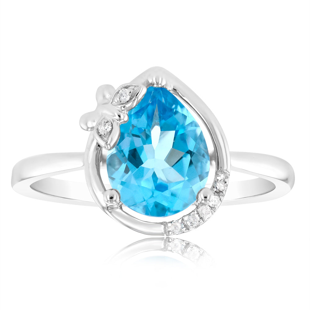 Exquisite 9-carat White Gold Ring Adorned with Natural Blue Topaz and Diamonds