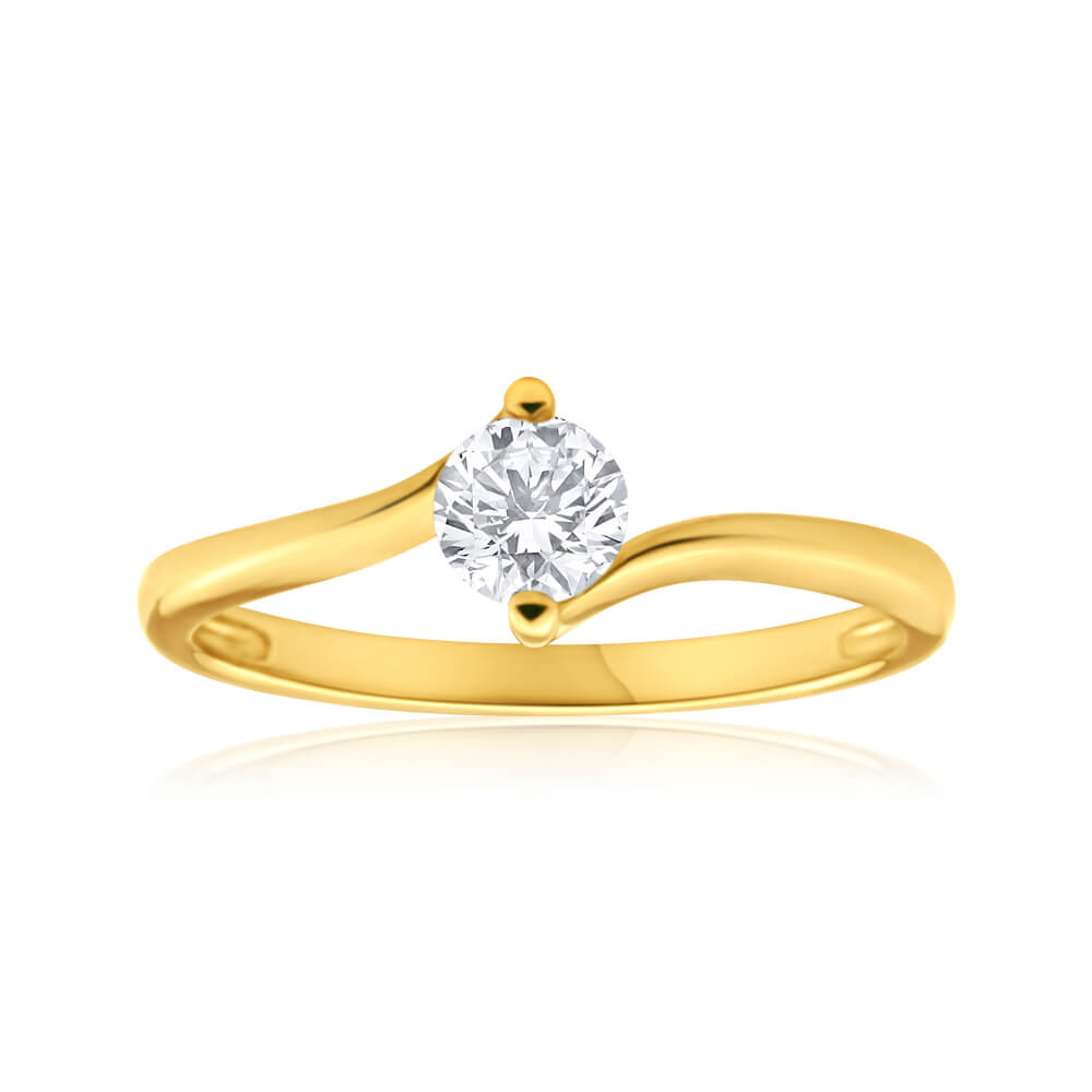 Exquisite 9ct Yellow Gold Single Stone Swirl Ring with 4mm Cubic Zirconia for Women
