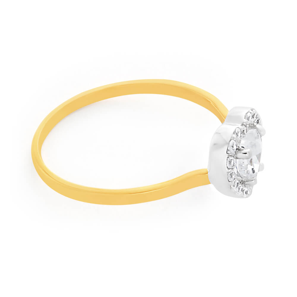 Stunning 9ct Yellow and White Gold Cubic Zirconia Heart Halo Engagement Ring