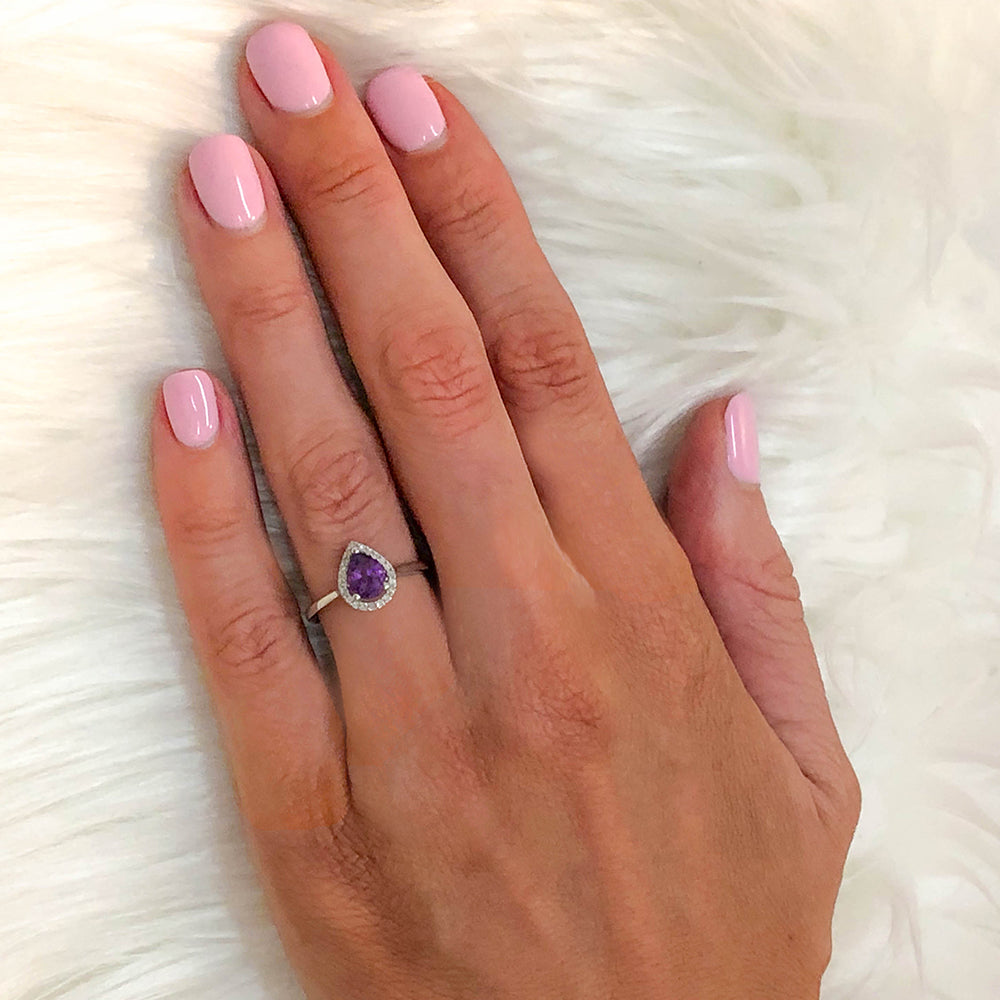 9ct White Gold Pear - Shaped Amethyst and Diamond Engagement Ring