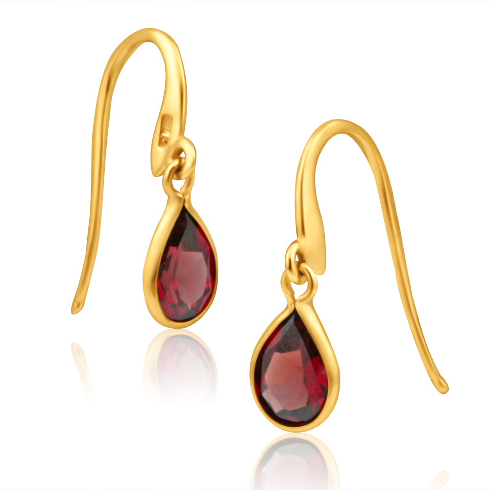 Exquisite 9ct Yellow Gold Pear - Drop Earrings with Sparkling Garnets
