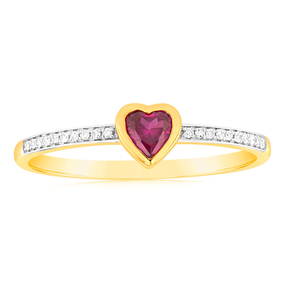 Stunning 9ct Yellow Gold Ring with Created Ruby and Heart - Shaped Diamond