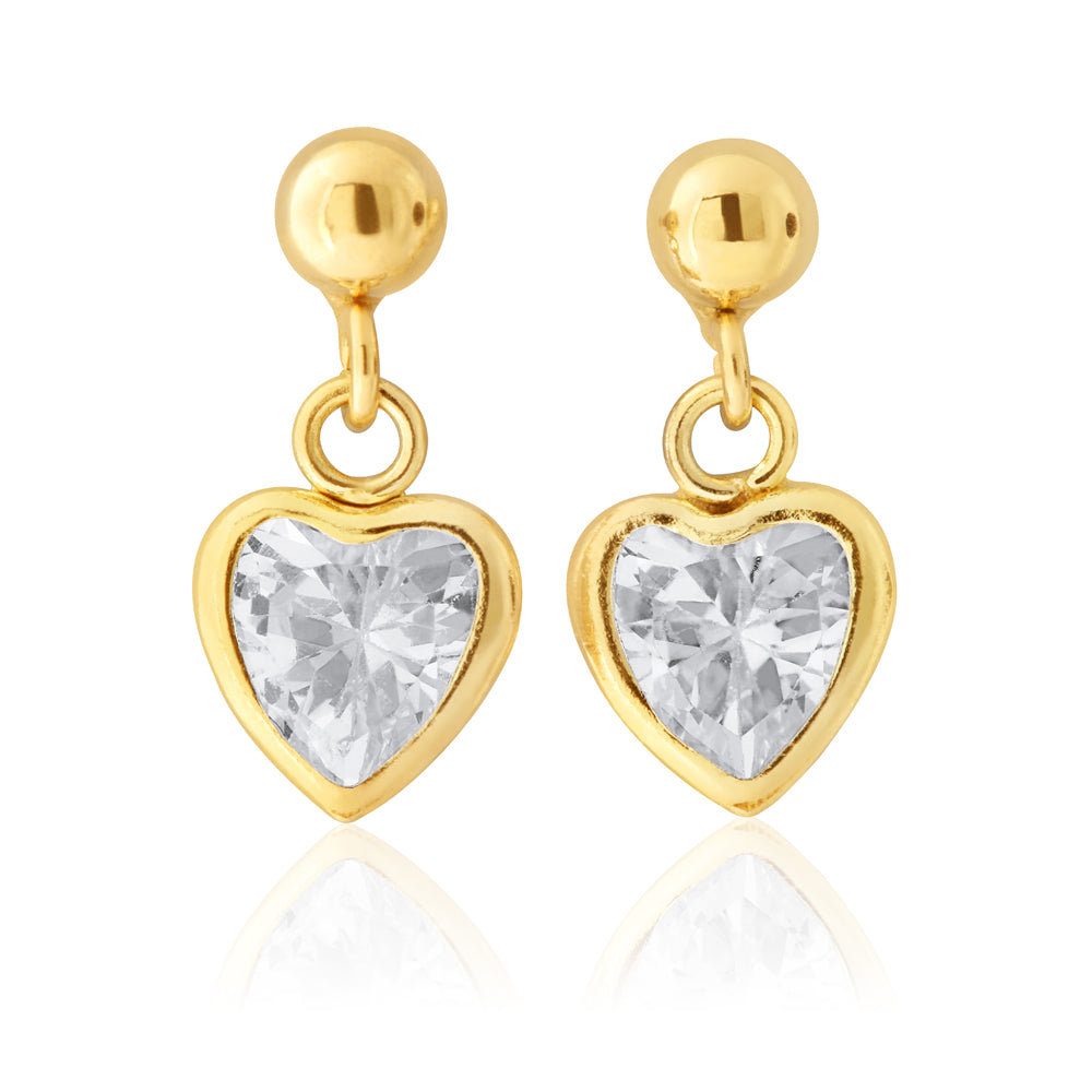 Stylish 9ct Yellow Gold Heart-Shaped Cubic Zirconia Drop Earrings