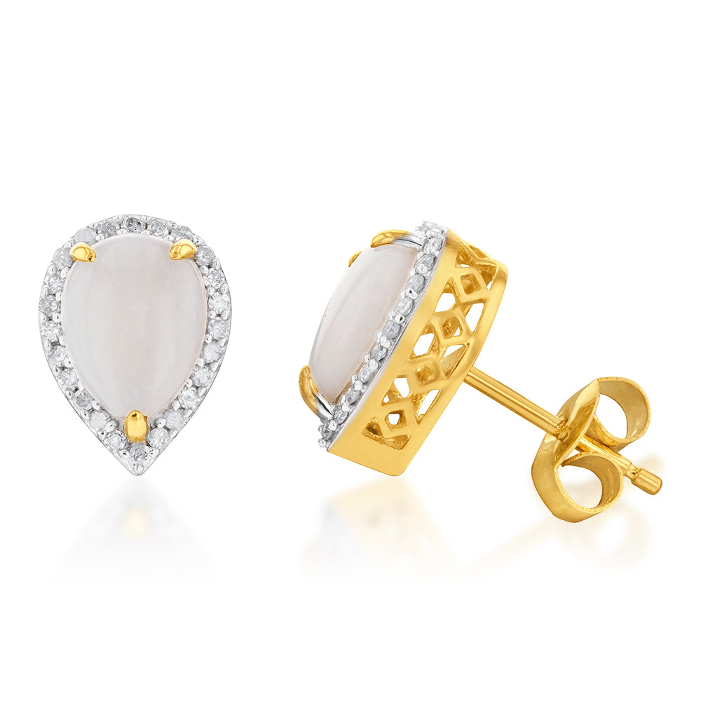 9ct Yellow Gold Pear - shaped Stud Earrings with Opal and Diamonds
