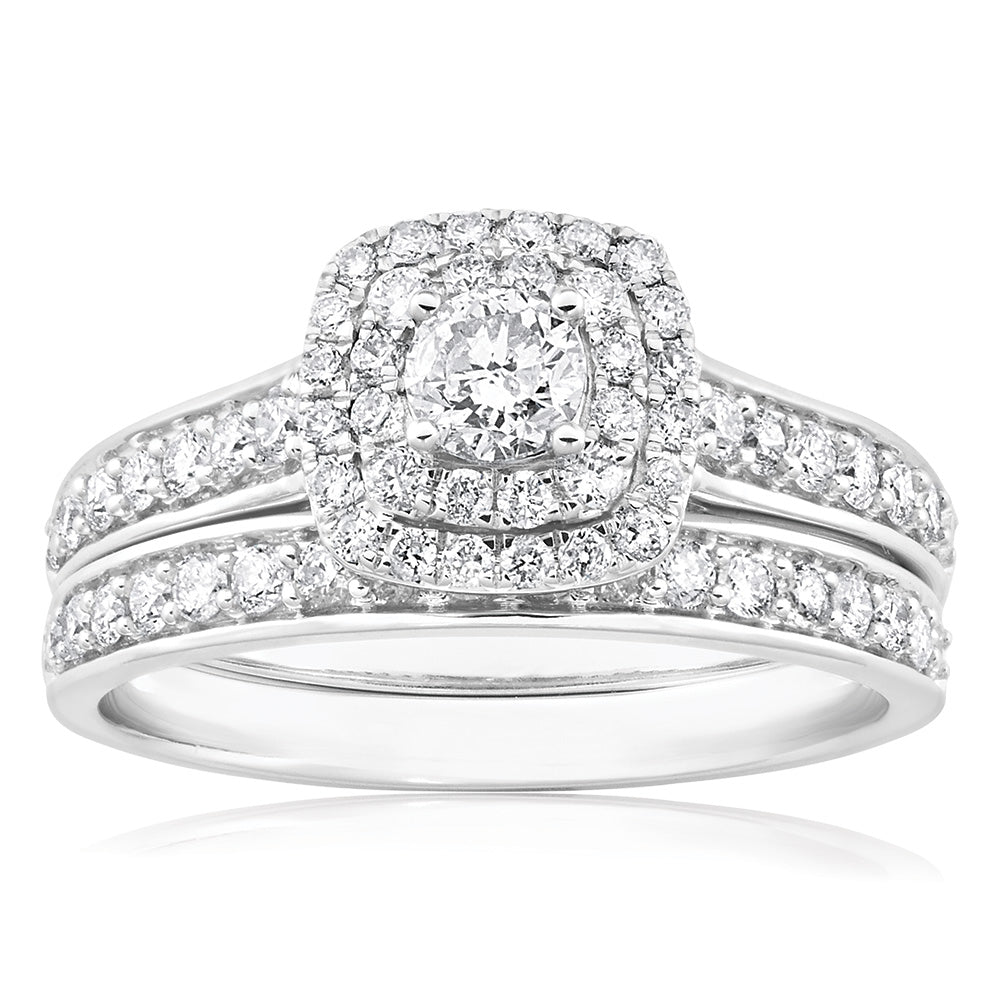 Exquisite 9 Carat White Gold Two - Ring Bridal Jewelry Set Adorned with 65 Sparkling Diamonds Totaling 1 Carat