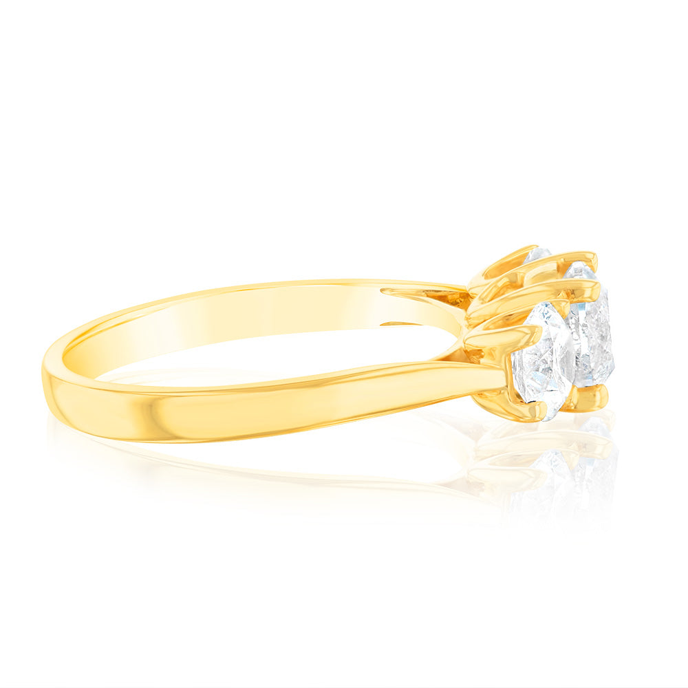 Exquisite 14 Carat Yellow Gold Two-Carat Diamond Trilogy Engagement Ring Featuring Three Round Brilliant Cut Diamonds