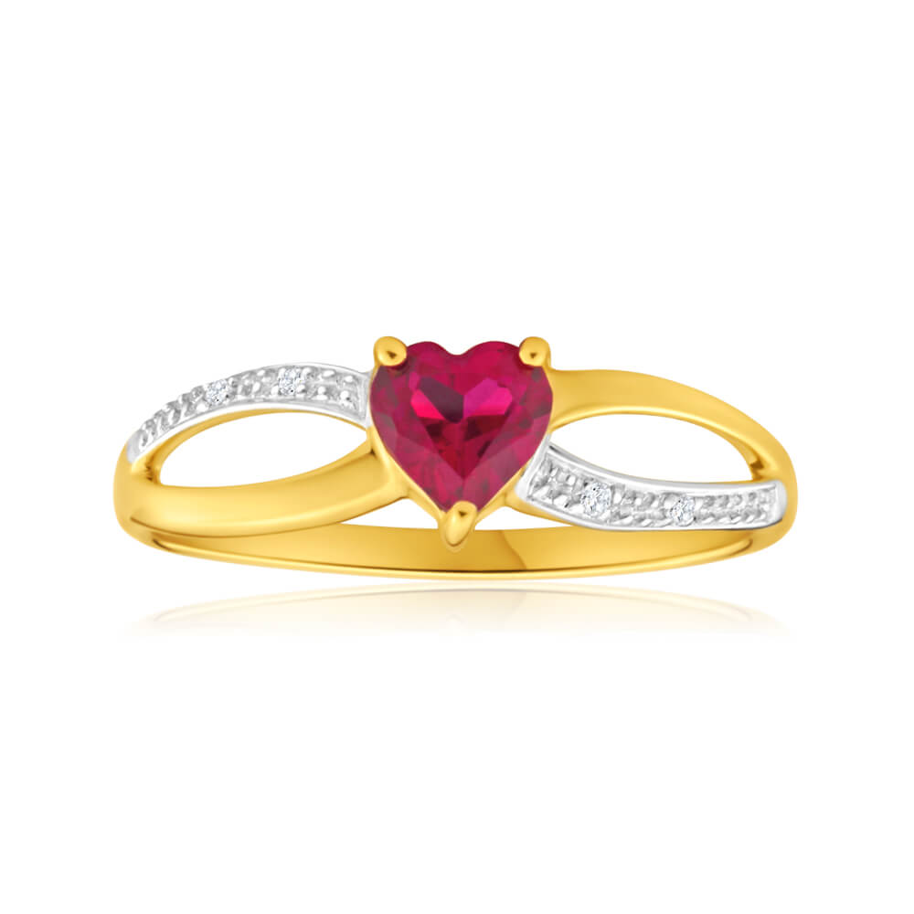 Exquisite 9ct Yellow Gold Alluring Heart-Shaped Ring with Created Ruby and Diamonds