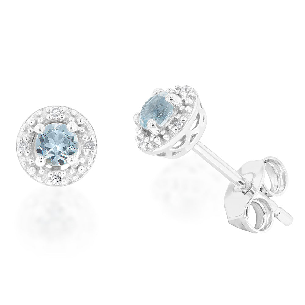 Stunning 9ct White Gold Stud Earrings with Aquamarine and Diamond Halo Design