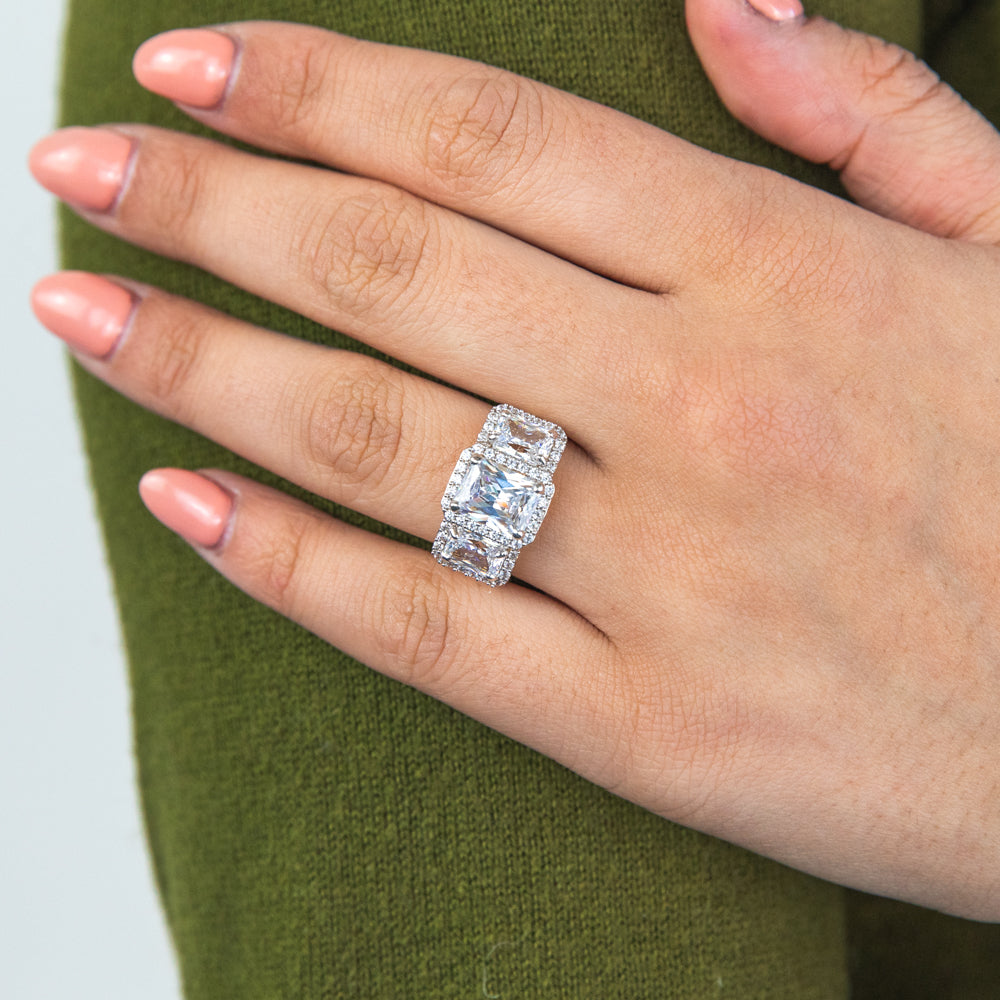 9-carat Yellow Gold Emerald Cut Cubic Zirconia Trilogy Engagement Ring