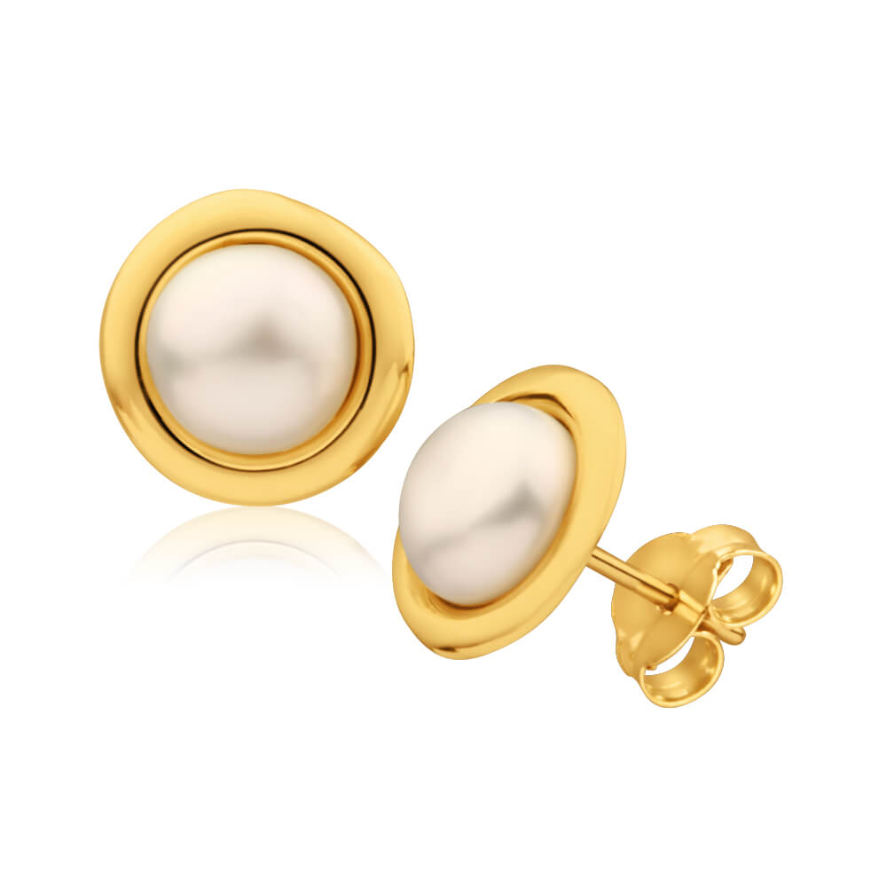 Exquisite 9ct Yellow Gold Pearl Stud Earrings - A Stunning Jewelry Piece