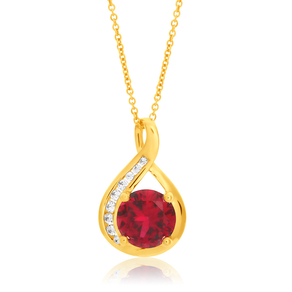 45cm Chain 9ct Yellow Gold Pendant with Created Ruby and Zirconia