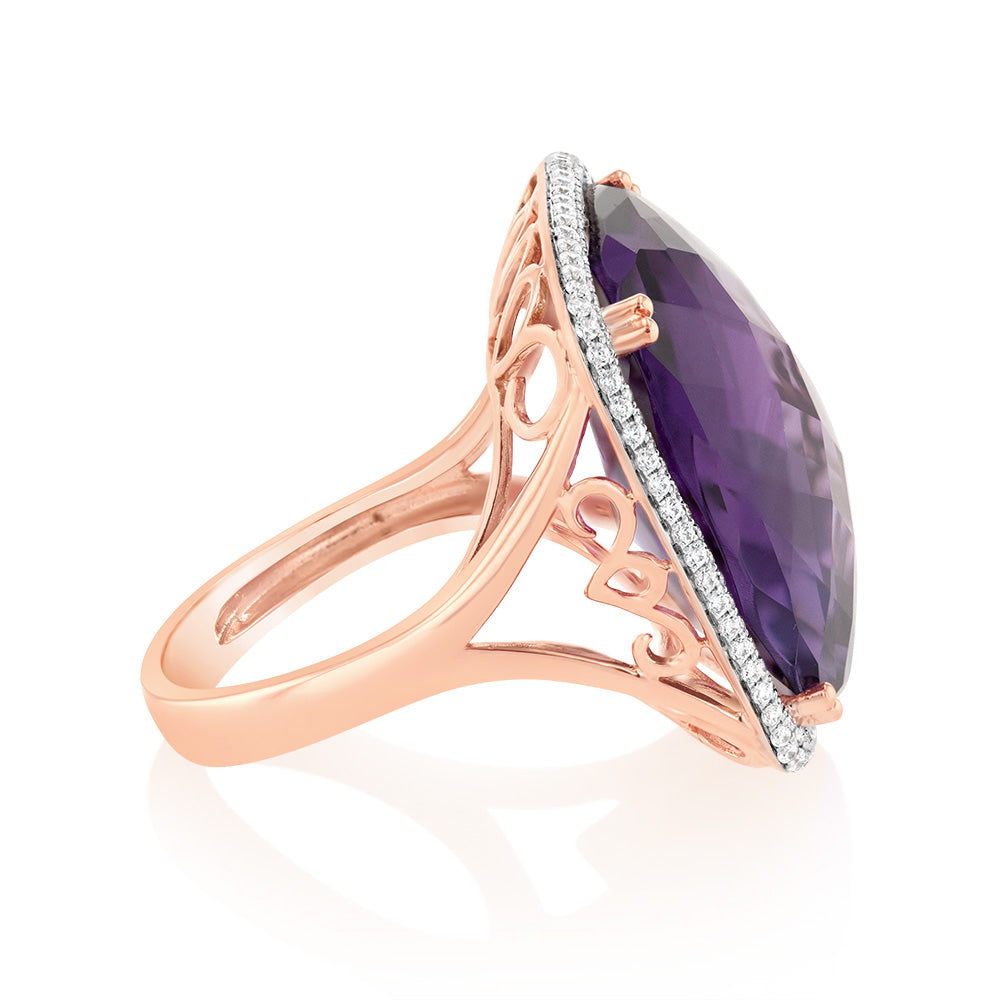 Stunning 9ct Rose Gold Ring Adorned with Amethyst and 0.54ct Cubic Zirconia