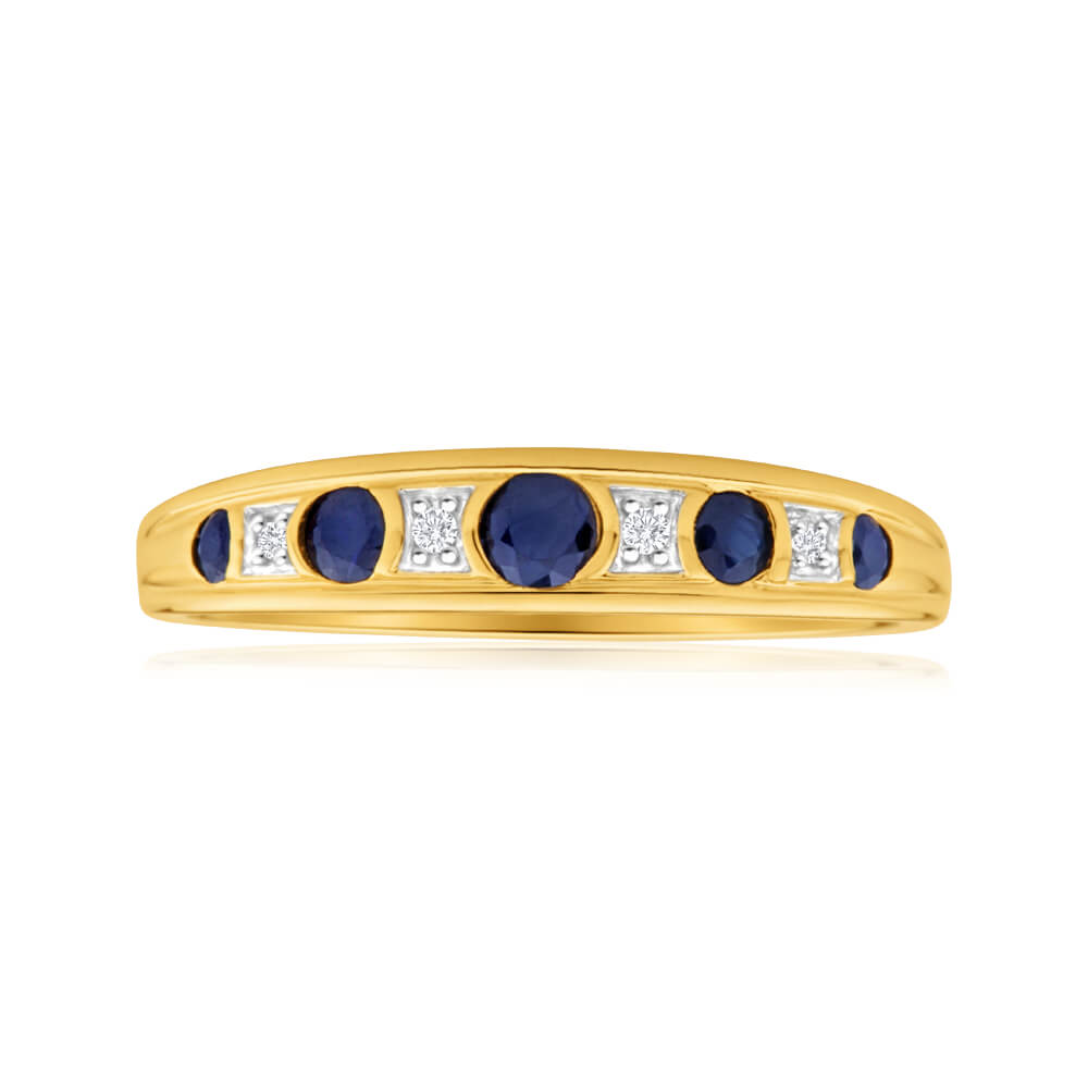 Stunning 9-carat Yellow Gold Ring Featuring 5 Natural Sapphires and Diamonds, Ideal Jewelry Piece