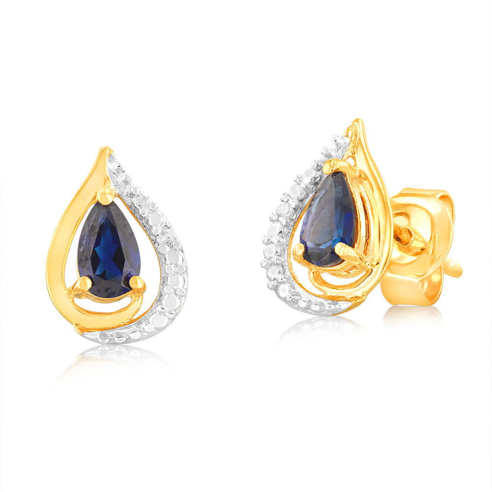 Stylish 9ct Yellow Gold Stud Earrings Featuring 5x3mm Created Sapphires and Real Diamonds