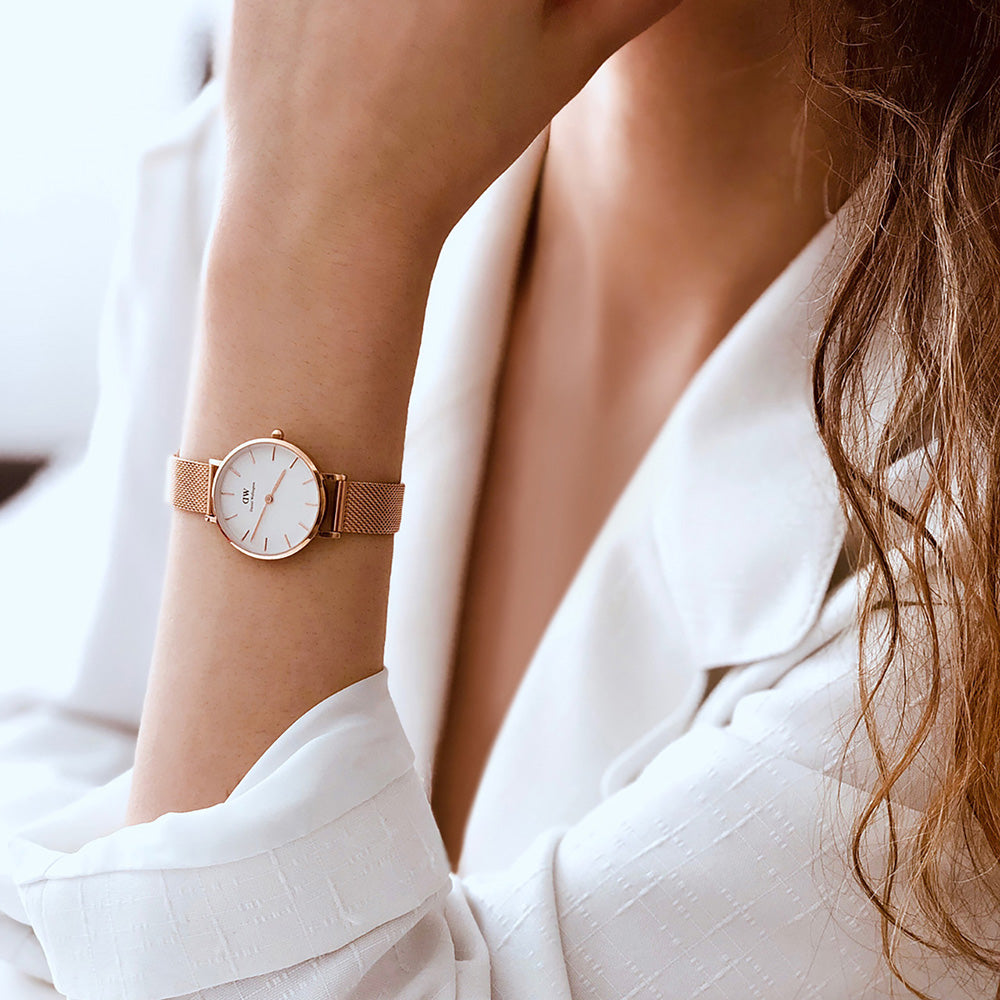 Daniel Wellington Classic Petite Melrose Ladies' Watch - DW00100219 with Eggshell White Dial and Rose Gold Mesh Strap