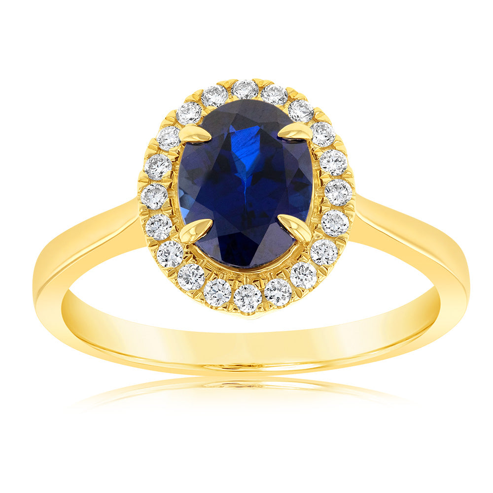 Exquisite 9ct Yellow Gold Oval Created Sapphire with Diamond Halo Ring