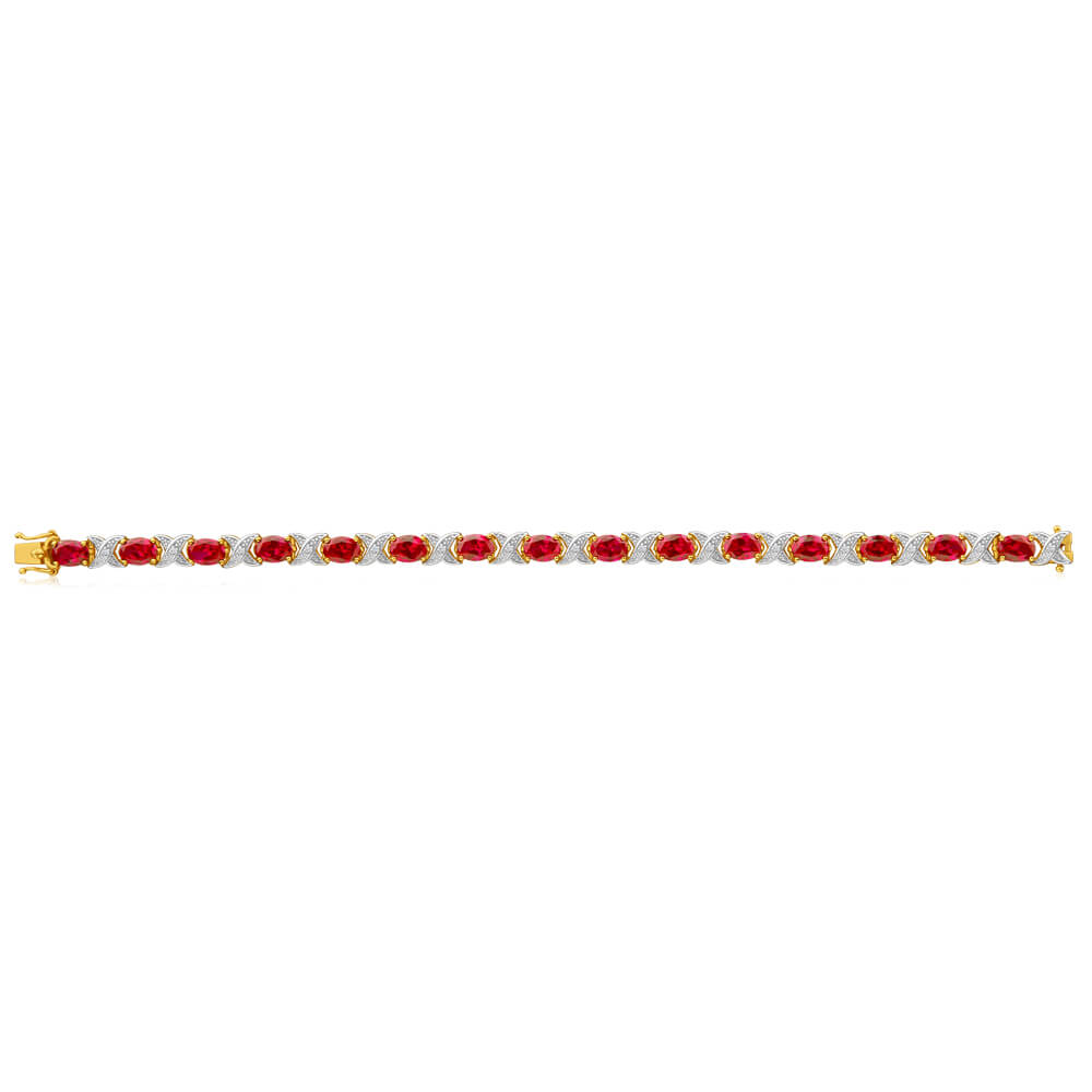 19cm Handmade 9ct Yellow Gold Bracelet Featuring Created Rubies and Diamonds with Hugs & Kisses Design