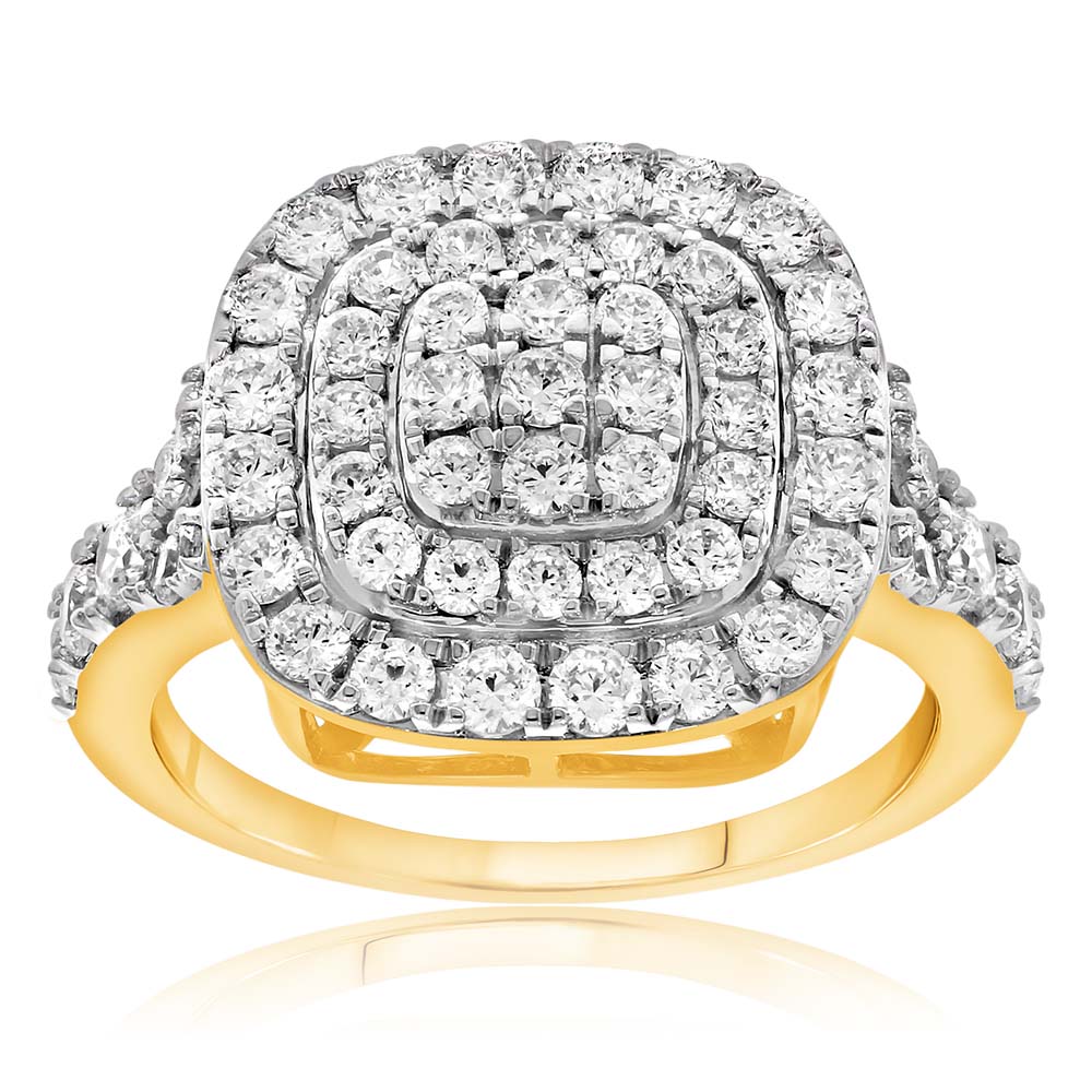2-Carat Diamond Cushion Shape Halo Cluster Ring in 9ct Yellow Gold