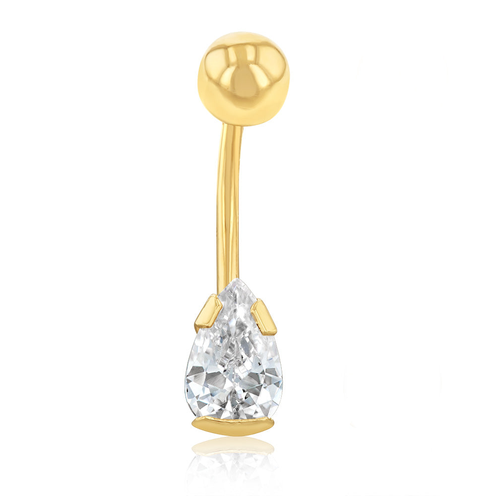 9 Carat Yellow Gold 8X5mm Pear-Shaped Belly Button Bar for Body Jewelry