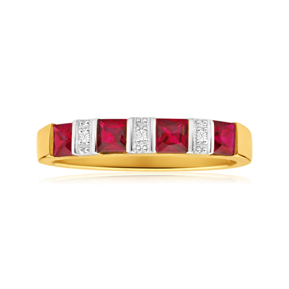 Stunning 9ct Yellow Gold Eternity Ring with Created Rubies and Real Diamonds