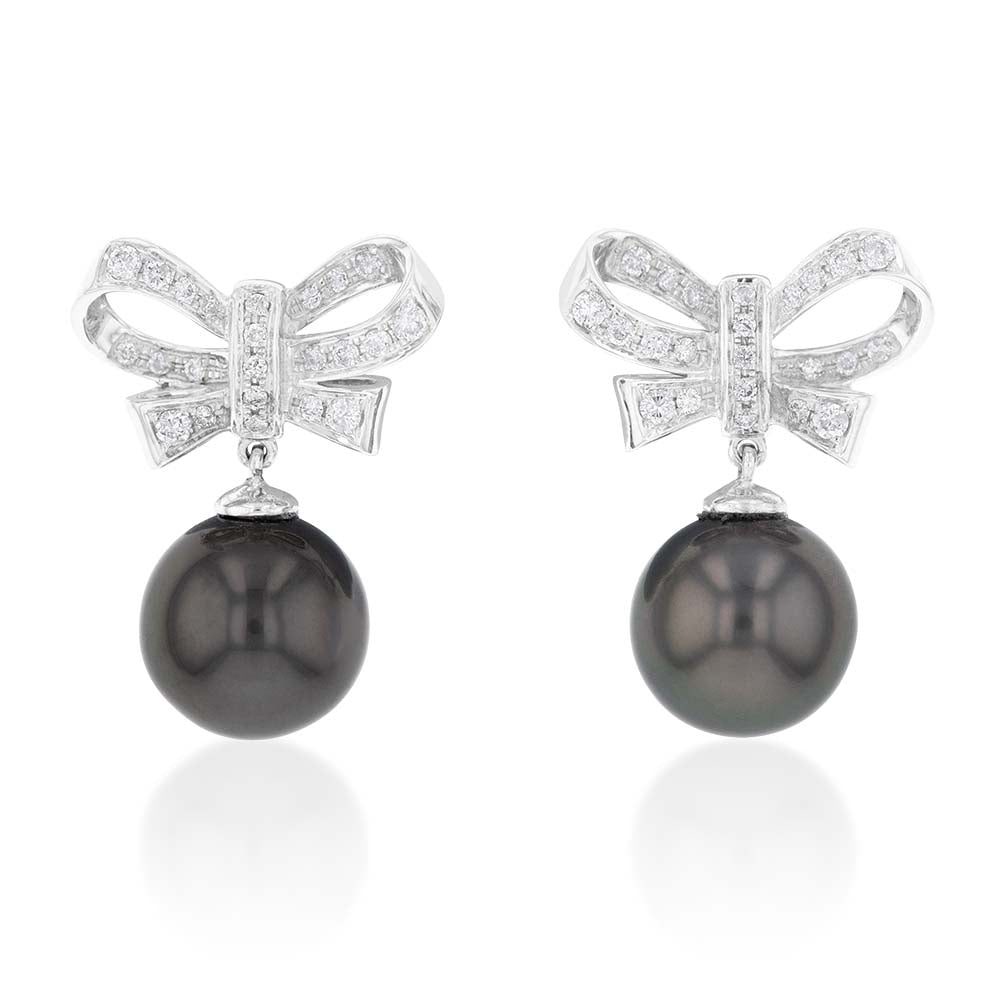 Exquisite 9ct White Gold Tahitian Bow-Style Pearl Earrings Adorned with 46 Sparkling Diamonds