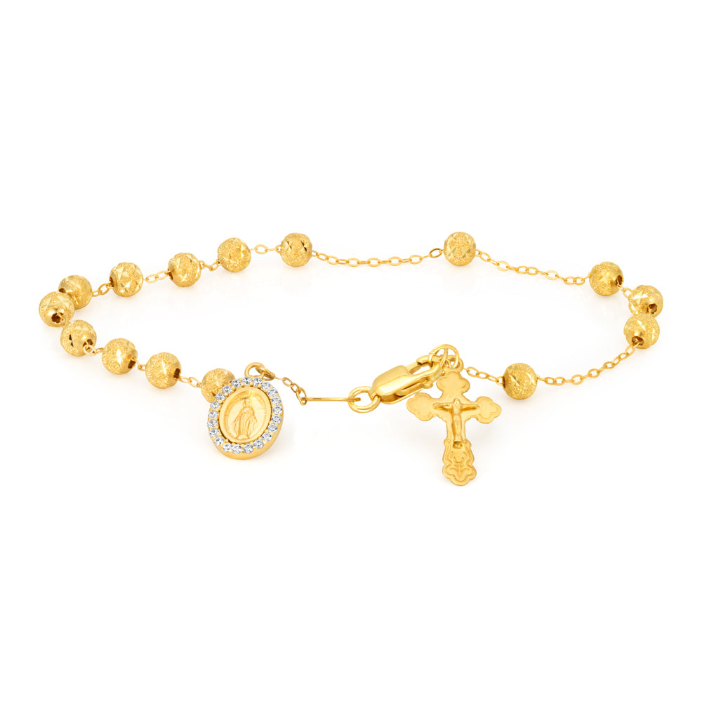 19cm 9-carat Yellow Gold Rosary Bracelet with Zirconia Stones