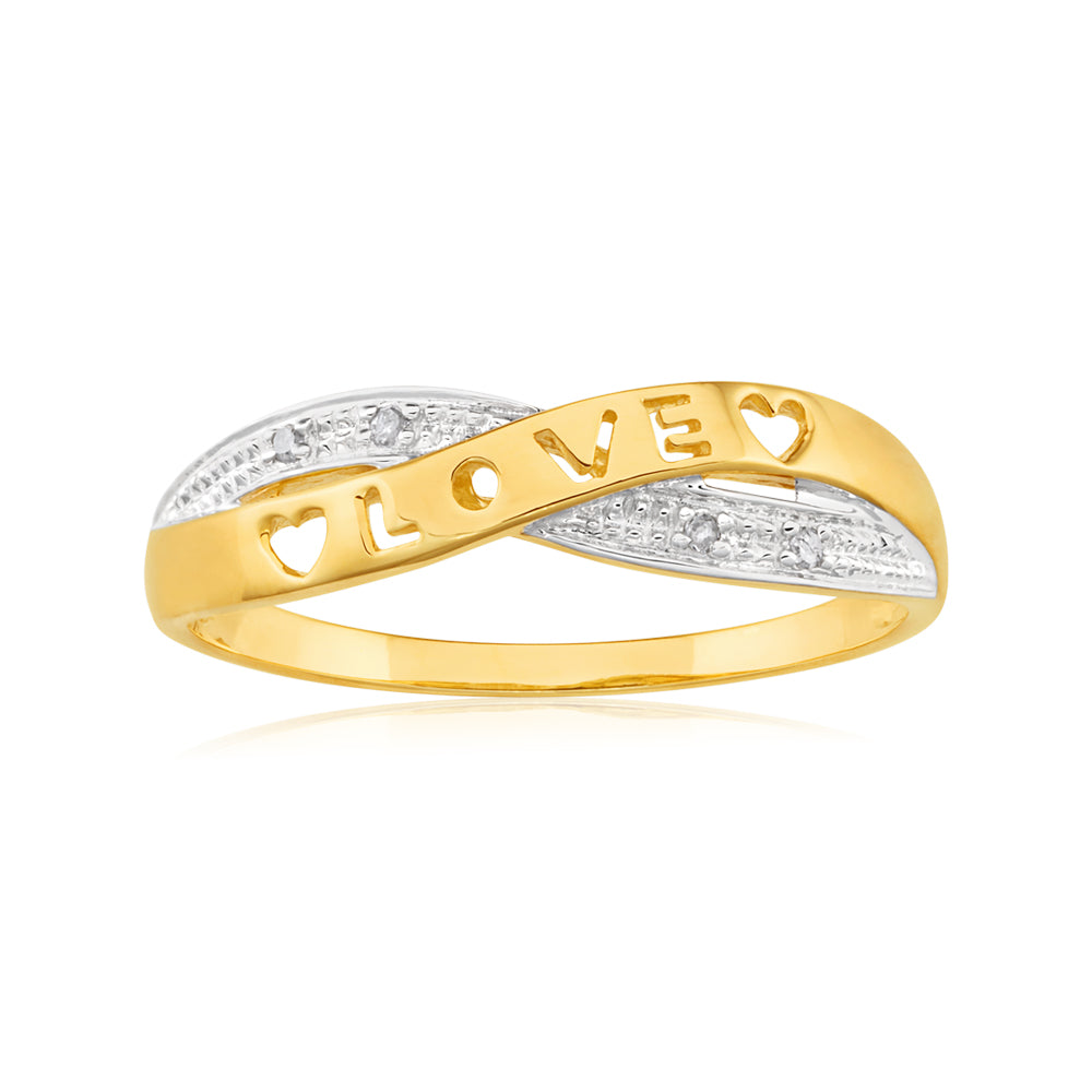 9ct Yellow Gold Engagement and Love-themed Crossover Ring Adorned with 4 Sparkling Diamonds