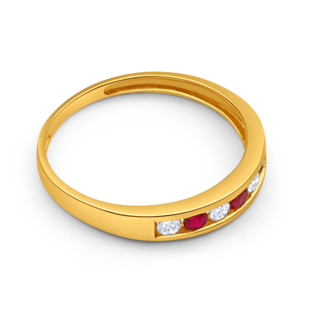 9-carat Yellow Gold Ring with Lab-Created Rubies and Cubic Zirconias in Channel Setting