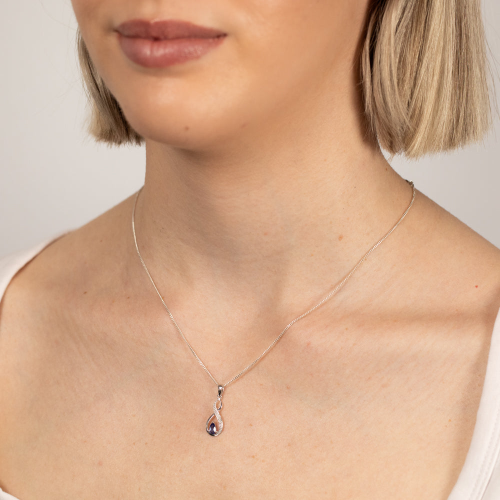 Exquisite 9ct White Gold Created Pear Cut Tanzanite and Diamond Infinity Pendant Jewelry Piece