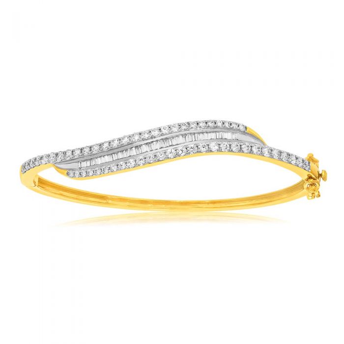 Stunning 9ct Yellow Gold 2-Carat Diamond Bangle with Brilliant and Tapered Baguette Cuts