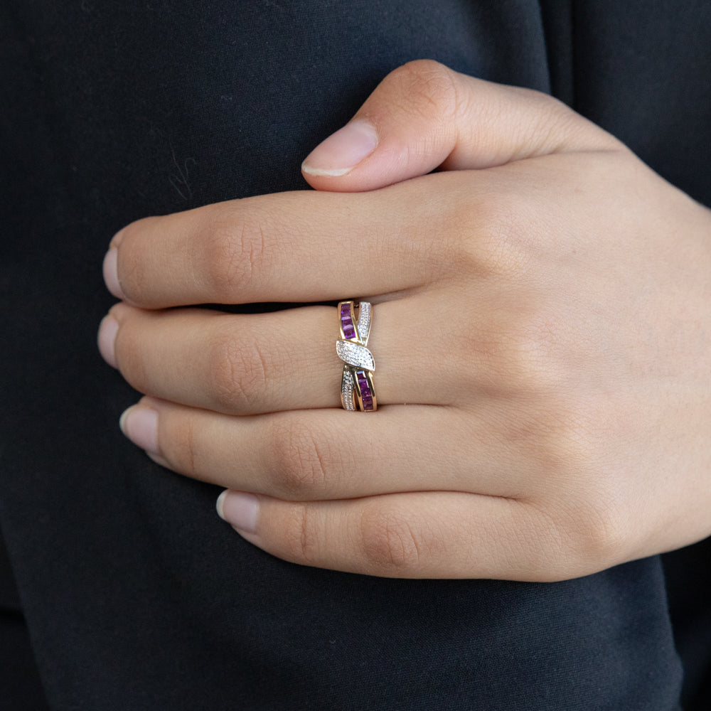 Exquisite 9-carat Yellow Gold Amethyst and Ten Diamond Cross-Over Engagement Ring