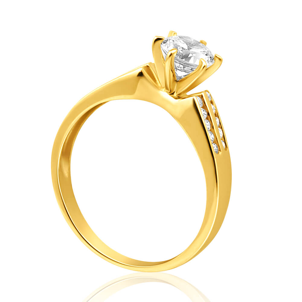9 Carat Yellow Gold 6 Millimeter Solitaire and Channel Set Cubic Zirconia Women's Ring for Special Occasions