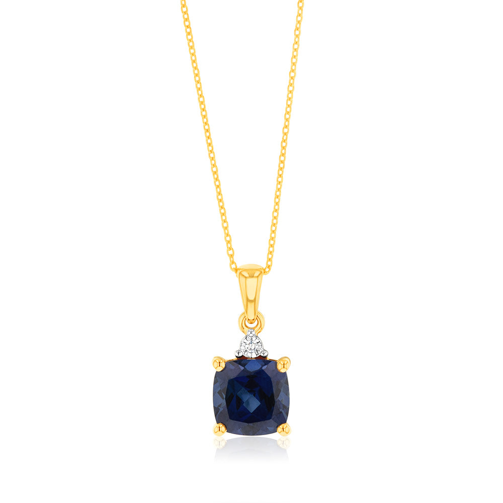 Stunning 9-carat Yellow Gold Pendant with 2-carat Created Blue Sapphire and Diamonds on a 45cm Chain, Ideal Jewelry Piece