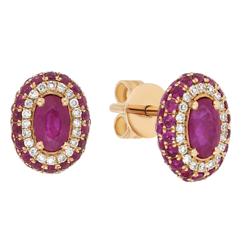 Stylish 9ct Yellow Gold Natural Ruby and Diamond Stud Earrings