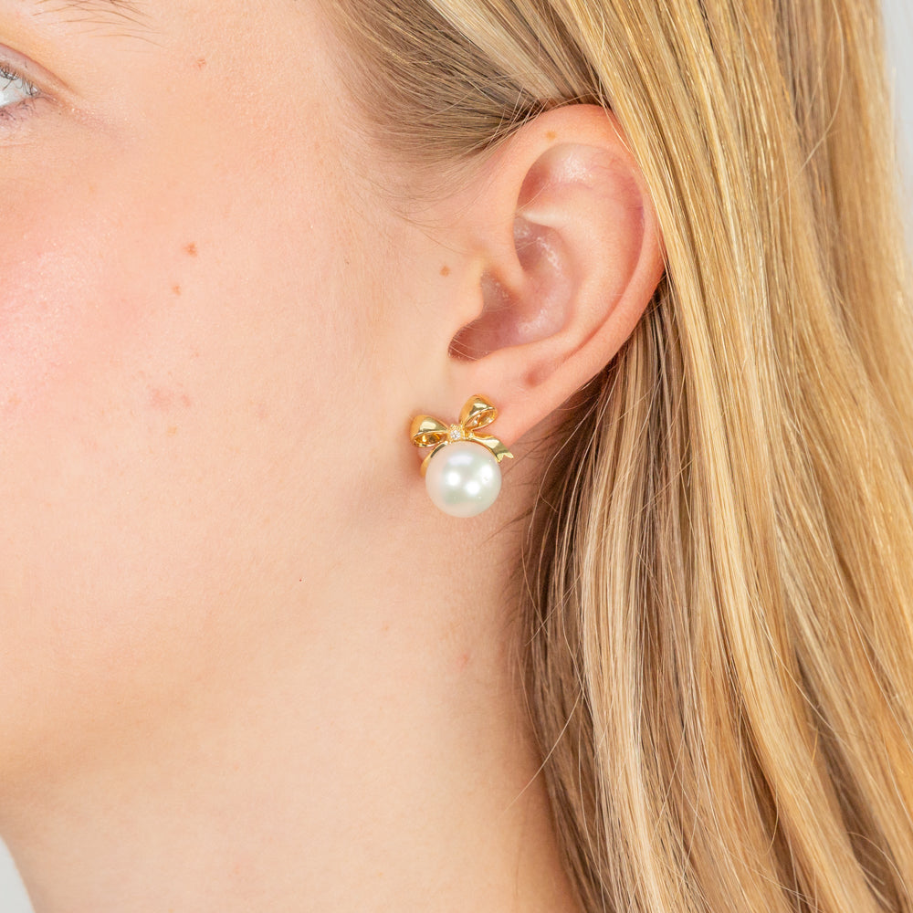 11.5 - 12mm White South Sea Pearl and Diamond Bow Studs in 9ct Yellow Gold