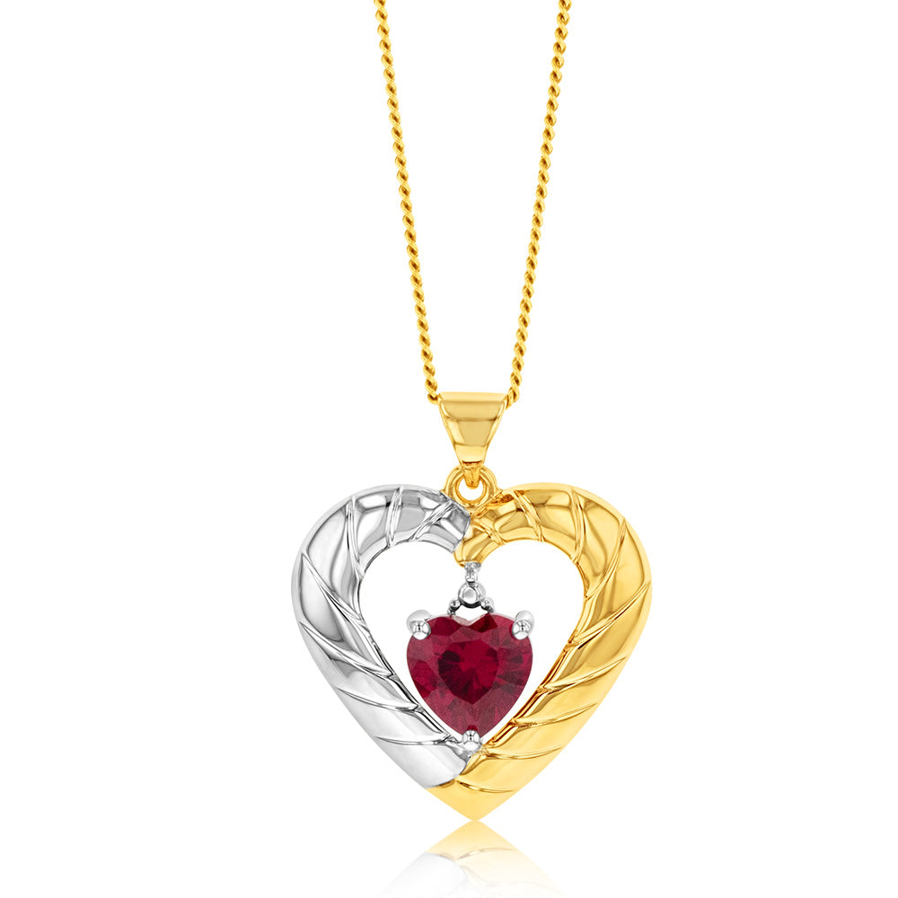 Exquisite 9ct Yellow and White Gold Pendant with a Created Ruby in the Shape of a Heart