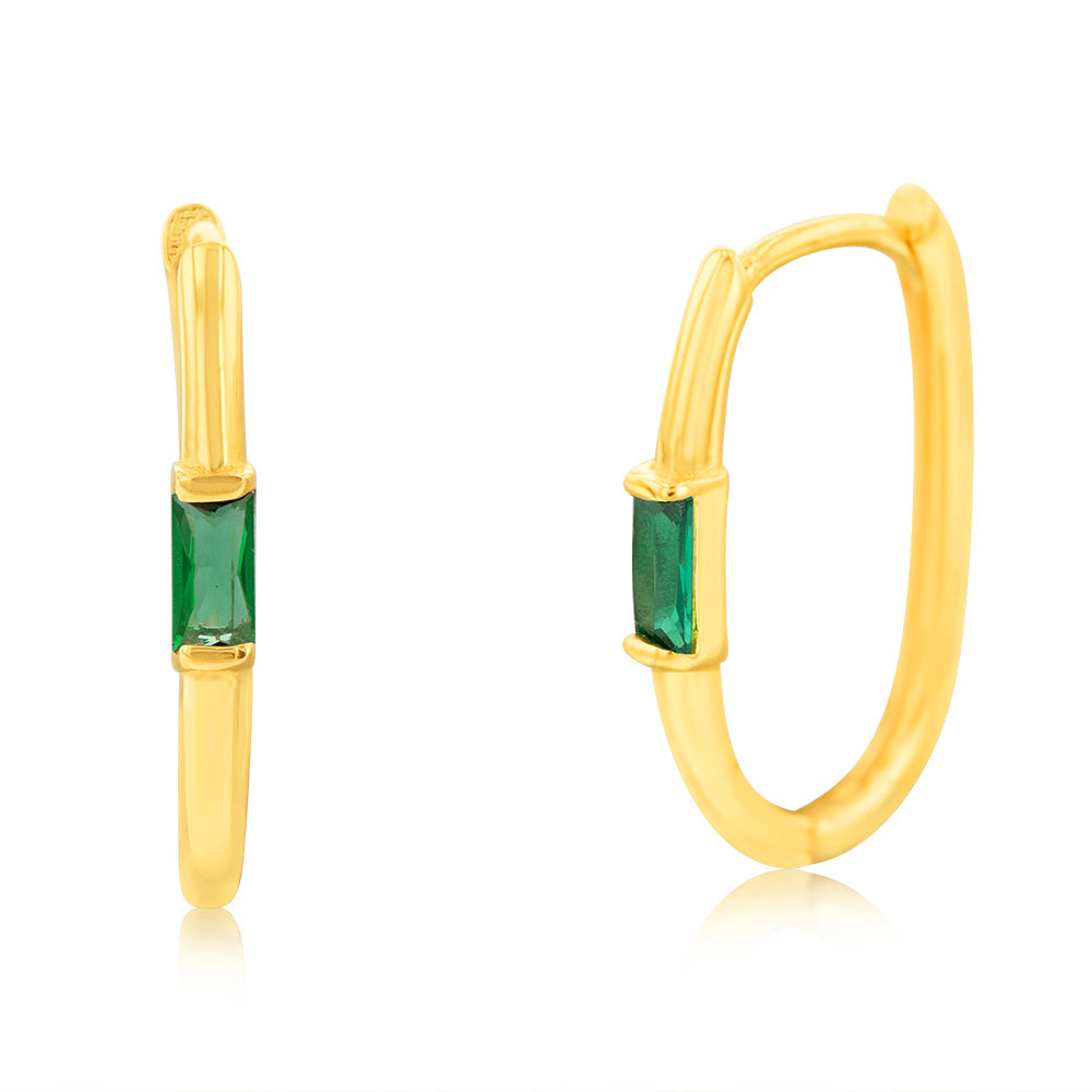 9ct Yellow Gold Elongated Sleeper Earrings with Vibrant Green Zirconia