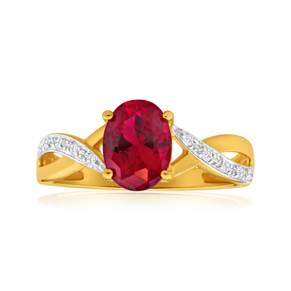 9 Carat Yellow Gold Ring Featuring Created Rubies and Diamonds in a Cross Over Design