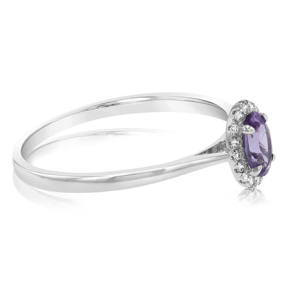 Stunning 9ct White Gold Oval Created Alexandrite with Diamond Halo Ring