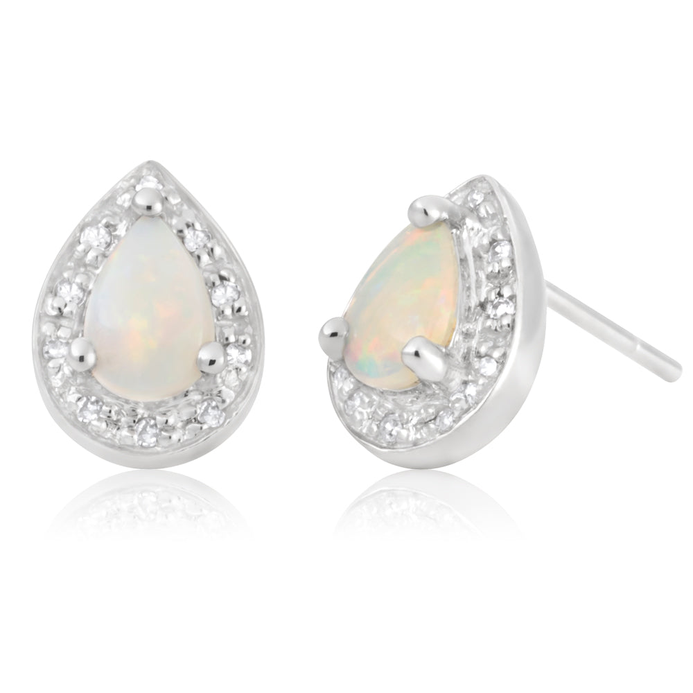 Exquisite 9 Carat White Gold Stud Earrings Featuring White Opal and Diamond in Pear Shape