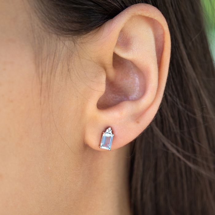 9 Carat White Gold Stud Earrings Featuring Emerald Cut Aquamarine and Diamonds
