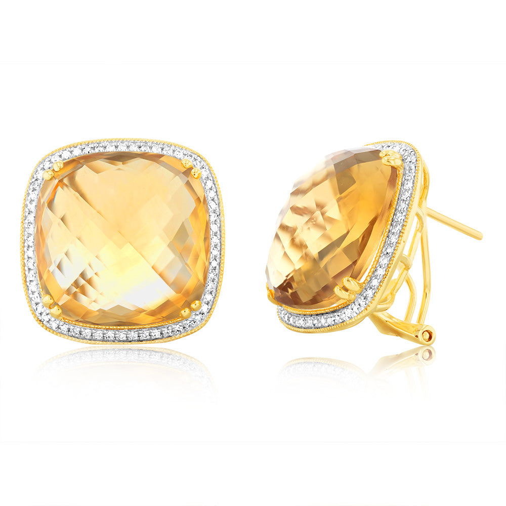 Stunning 9ct Yellow Gold Hoop Earrings with Natural Citrine and Sparkling Diamonds